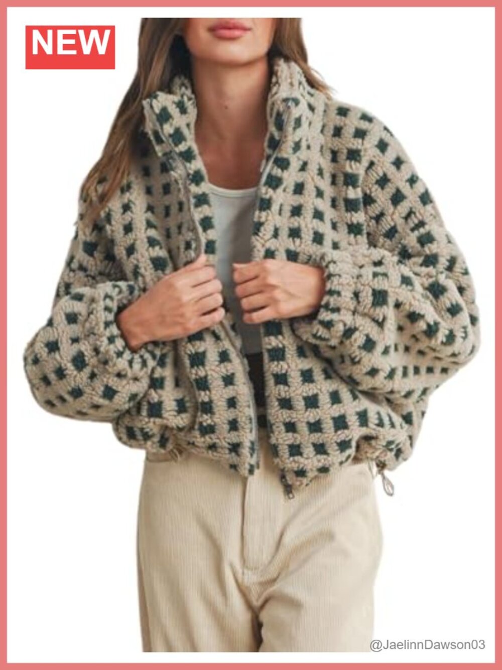 Women's Cropped Sherpa Fleece Plaid Jacket Long Sleeve Zip Up Teddy Coat